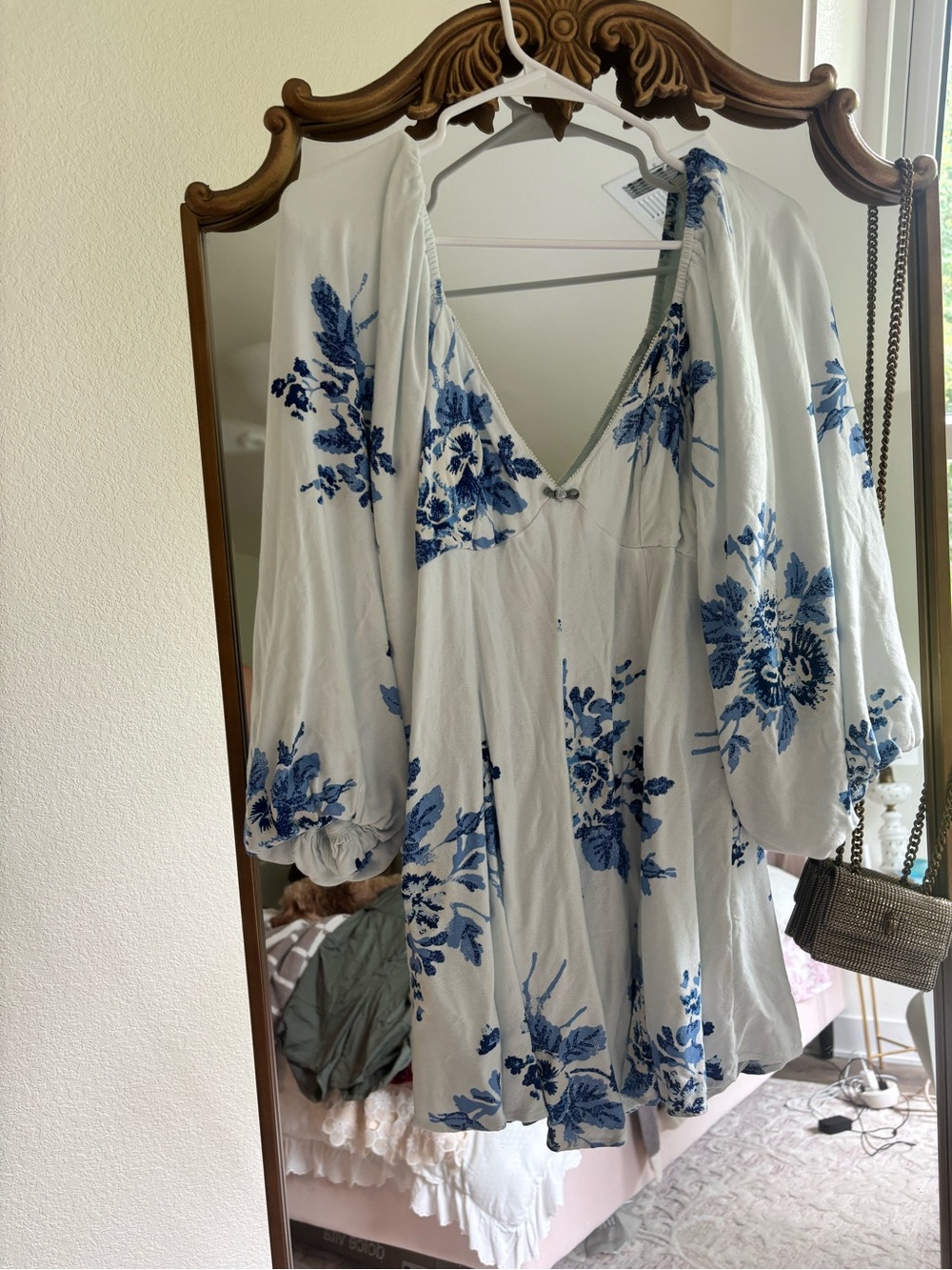 Free People White Dress with Blue Floral Print